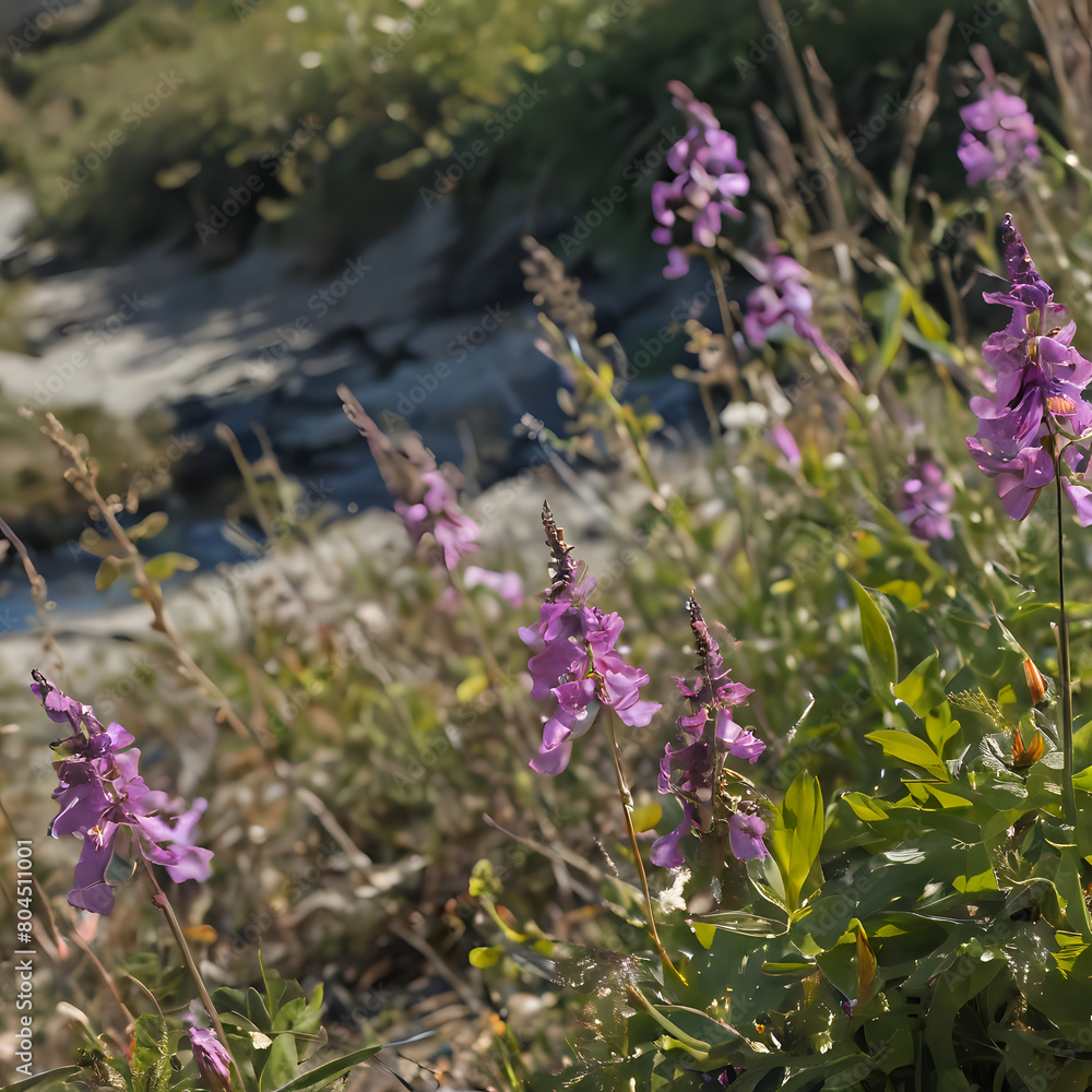 Fototapeta premium purple flowers in a field next to a stream of water