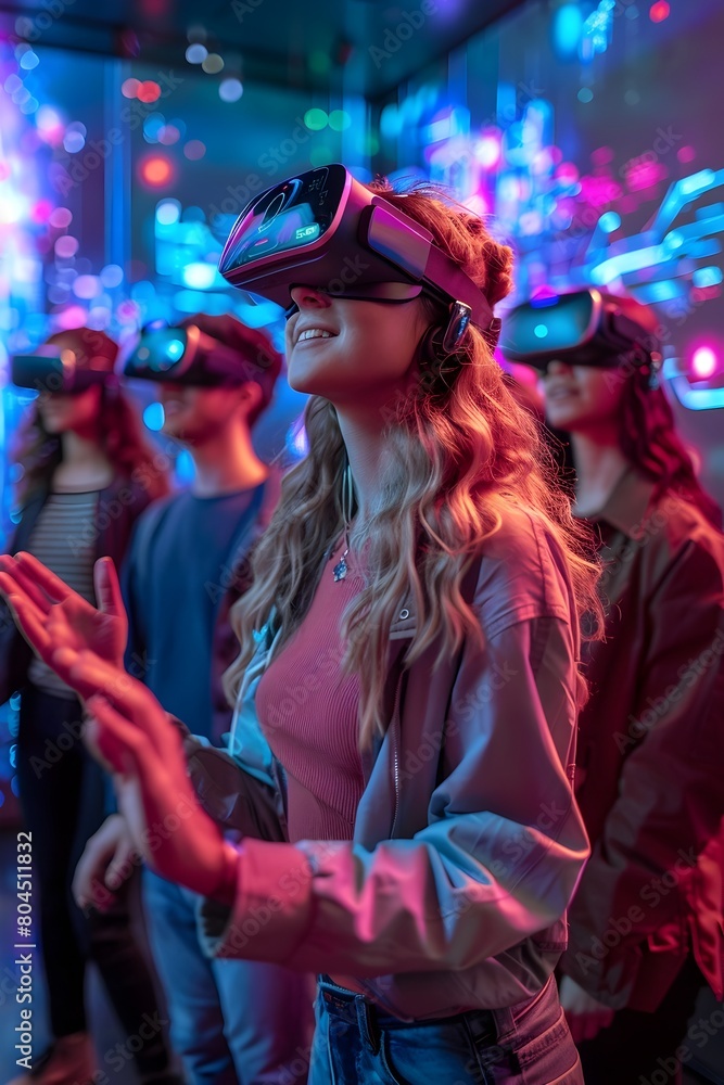 Group of People Immersed in Advanced Augmented and Virtual Reality Experiences with Vibrant Digital Overlays and Seamless of Real and Virtual Elements Group of People Immersed in Advanced Augmented and Virtual Reality Experiences with Vibrant Digital Overlays and Seamless of Real and Virtual Elements