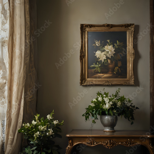 a two vases of flowers on a table in front of a painting