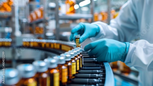 Pharmacist scientist with sanitary gloves examining medical vials on a production line conveyor belt in a pharmaceutical factory