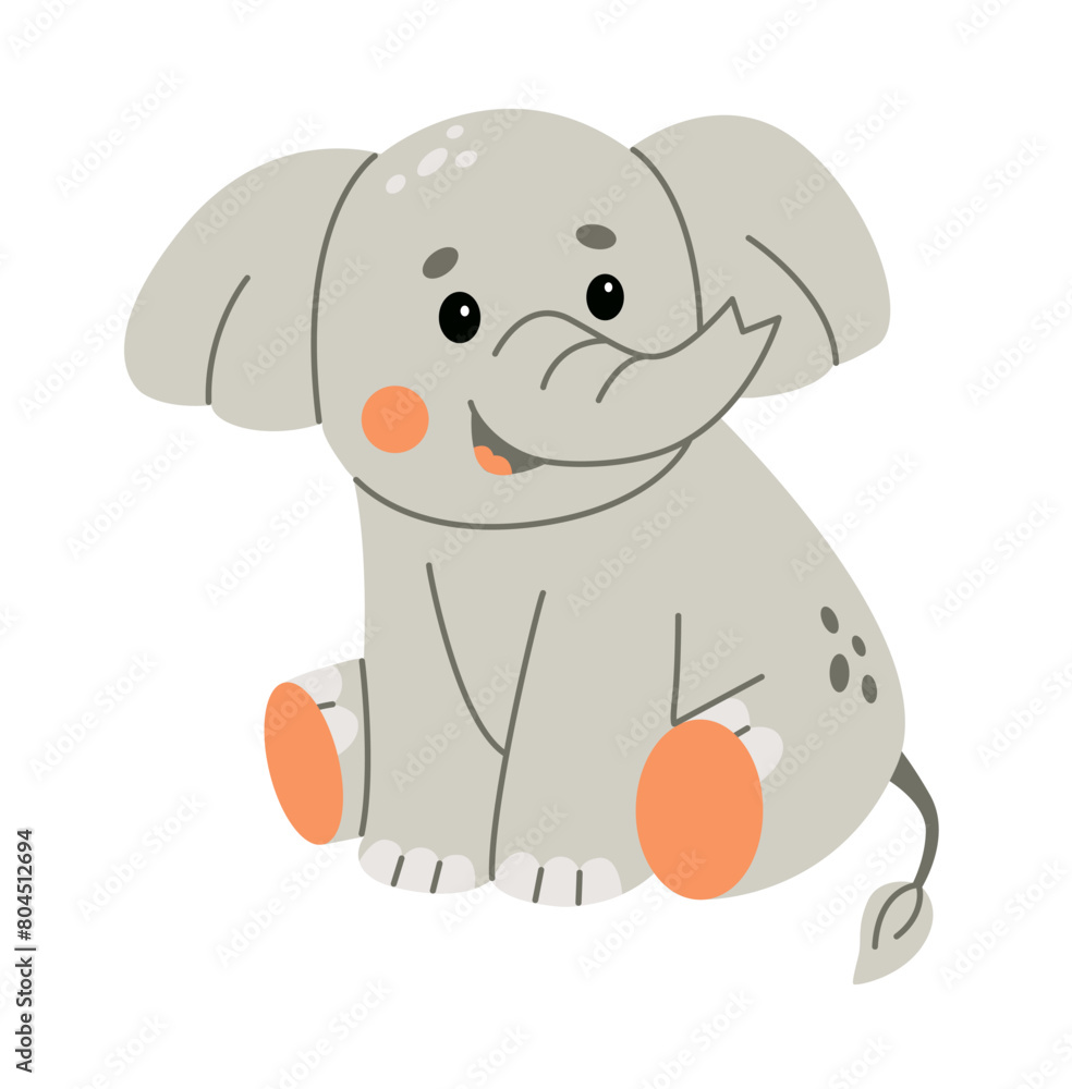 Fototapeta premium Cute elephant calf illustration image. Baby elephant sitting on ground. For card, banner, poster, invitation.