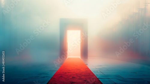 A stark red carpet entry, encased in a light fog, stands against a backdrop that blurs into obscurity