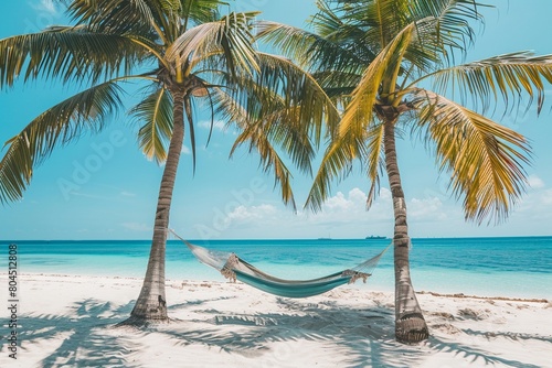 Hammock between two palms on a tropical beach  vacation  travel banner