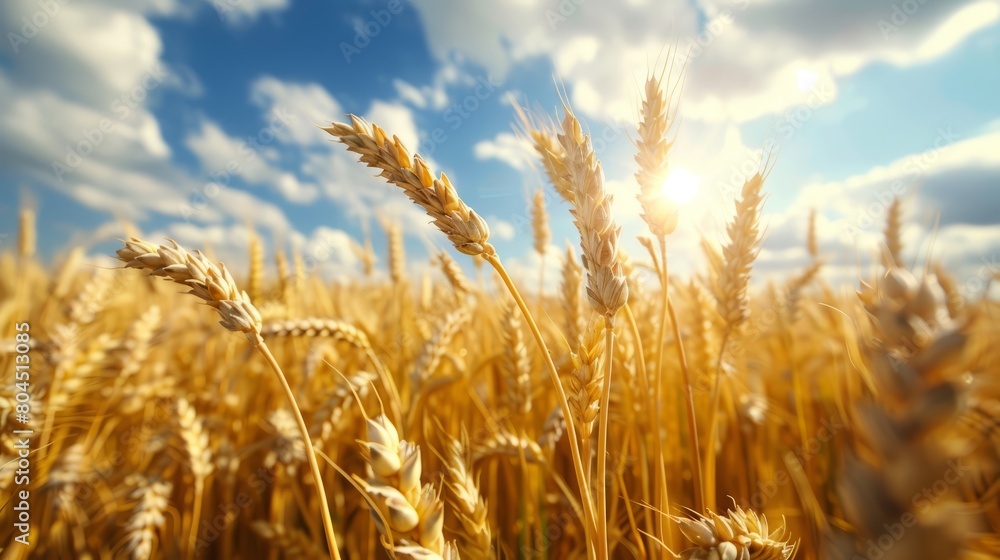 Fototapeta premium Sunlight filtering through clouds onto wheat field in natural landscape