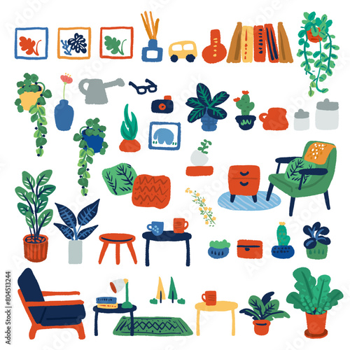 インテリアや観葉植物のシンプルでフラットな手描きイラスト
