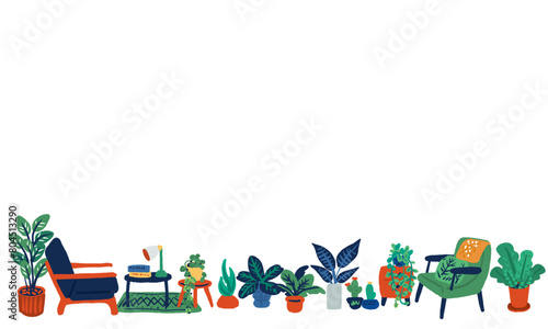 インテリアや観葉植物のシンプルでフラットな手描きイラスト
