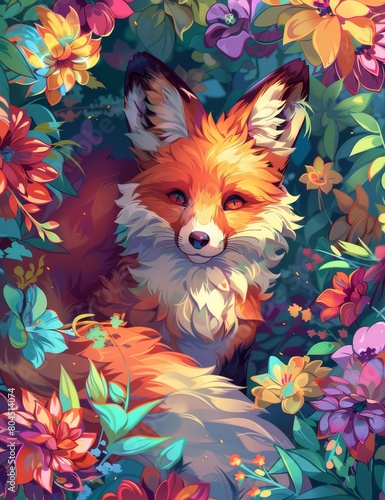  A tight shot of a fox painting in a flower-filled meadow against a backdrop of a blue sky