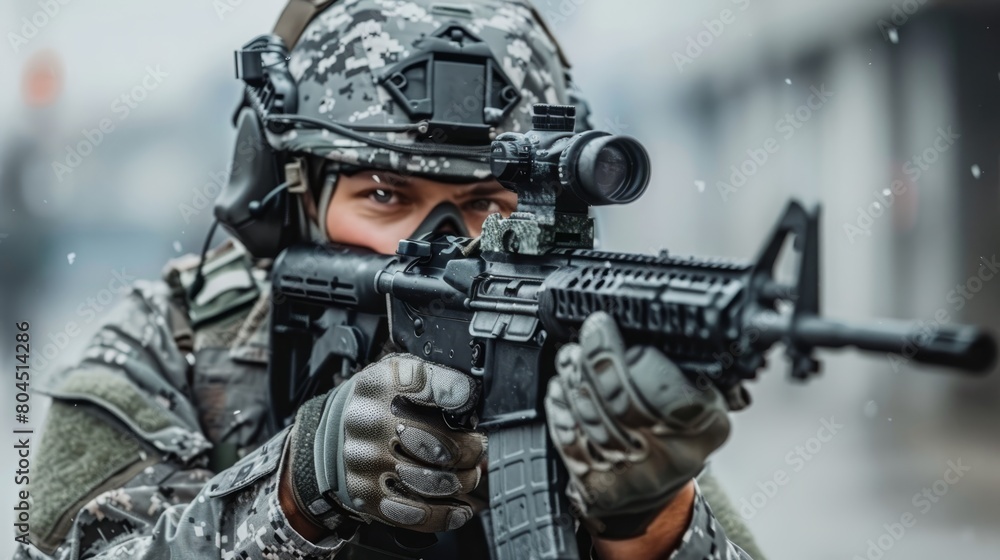 A woman in camouflage, rifle in hand, gazes seriously into the camera A woman in camouflage, rifle in hand, gazes seriously into the camera