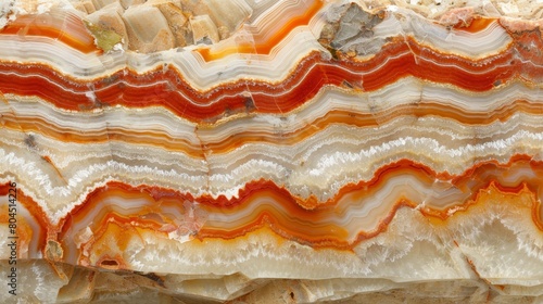   A tight shot of a sizable, stratified rock formation, displaying multiple layers of red, white, and orange rocks in the backdrop photo