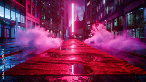 An empty red carpet laid out in a city square at night, bathed in the glow of a magenta neon searchlight photo