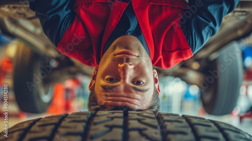   A man is in an inverted position atop a car tire with his head resting on the same tire, which is attached to a stationary vehicle within a garage photo