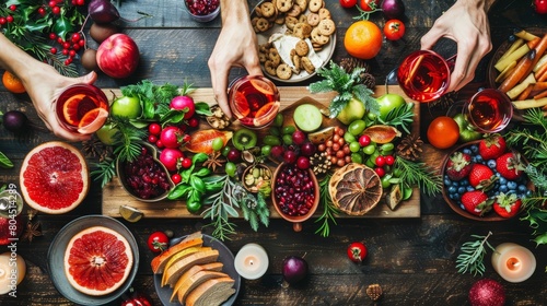   A wooden table laden with assorted fruits and vegetables Nearby  two outstretched hands grasp for a piece