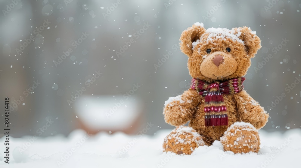 A bear wears a scarf around its neck, seated in the snow A bear wears a scarf around its neck, seated in the snow