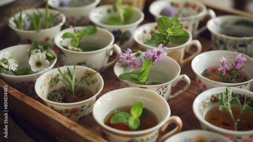 A tray of tea cups featuring different herbs and flowers ready for guests to sample and compare.