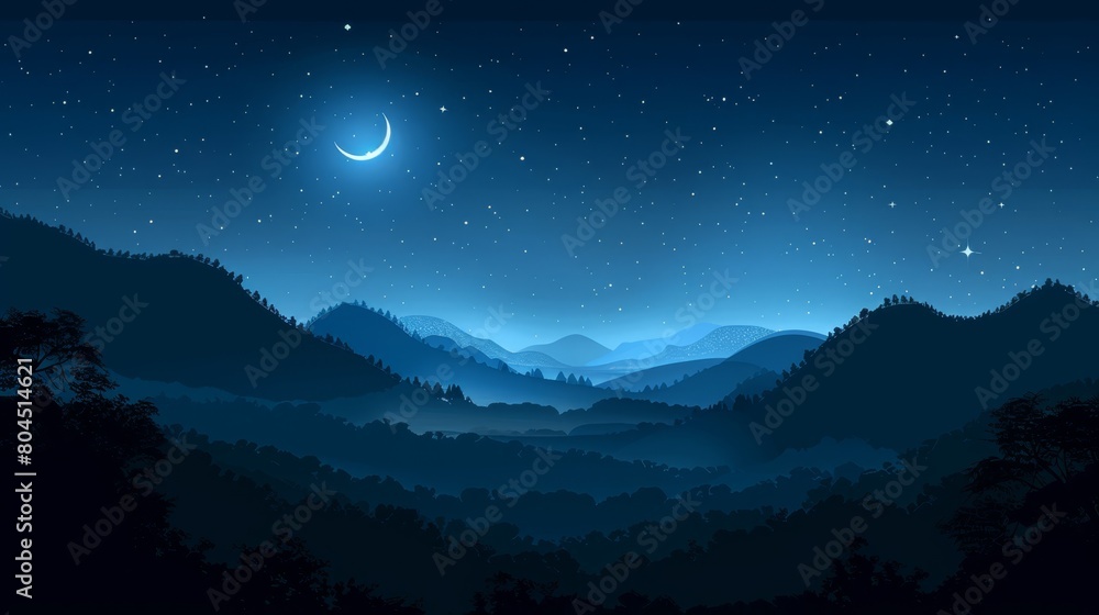   A tranquil night scene featuring mountains under a star-studded sky, with a crescent moon gracefully resting atop