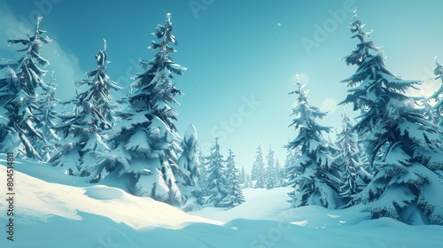  A snow-covered landscape featuring pine trees in the foreground and a vibrant blue sky overhead