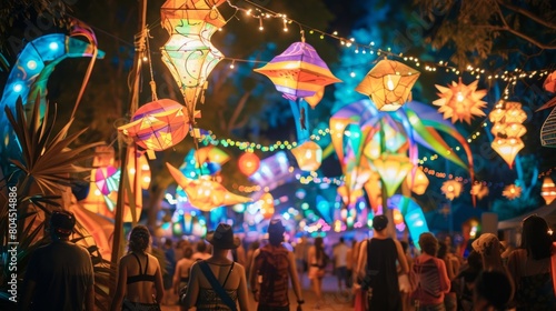 A group of individuals walking together through a park at nighttime  surrounded by trees and dimly lit pathways.