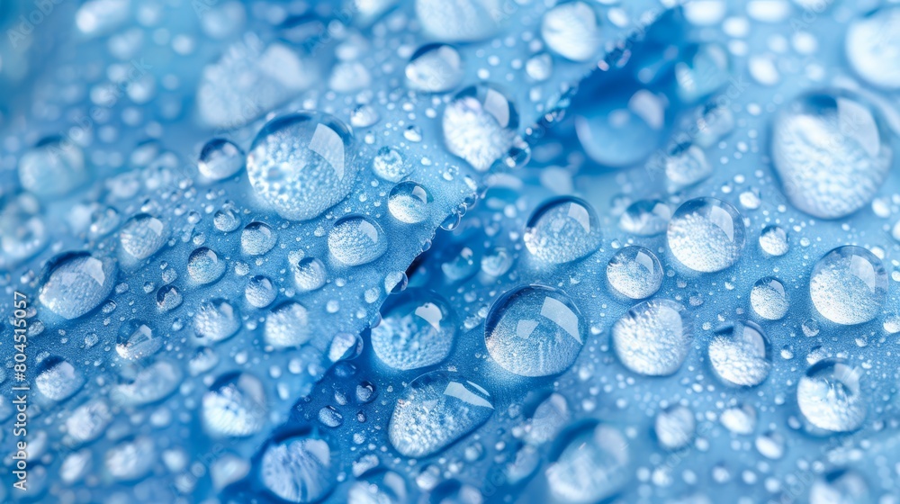 A tight shot of water droplets on a blue surface against a lighter blue background A tight shot of water droplets on a blue surface against a lighter blue background