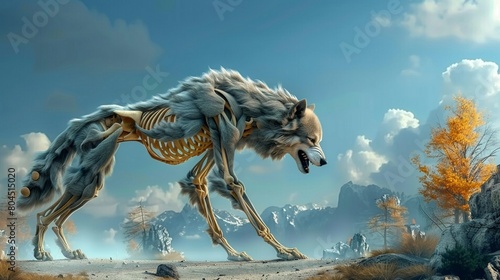 Through detailed illustration, werewolf anatomy art explores the elongation of limbs, emphasizing the creatures agility and strength, 3DCG , photo