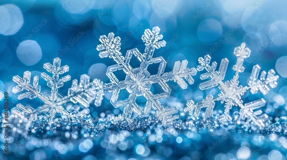 A tight shot of a solitary snowflake against a backdrop of tranquil blue, surrounded by softly blurred nearby flakes in the foreground A tight shot of a solitary snowflake against a backdrop of tranquil blue, surrounded by softly blurred nearby flakes in the foreground