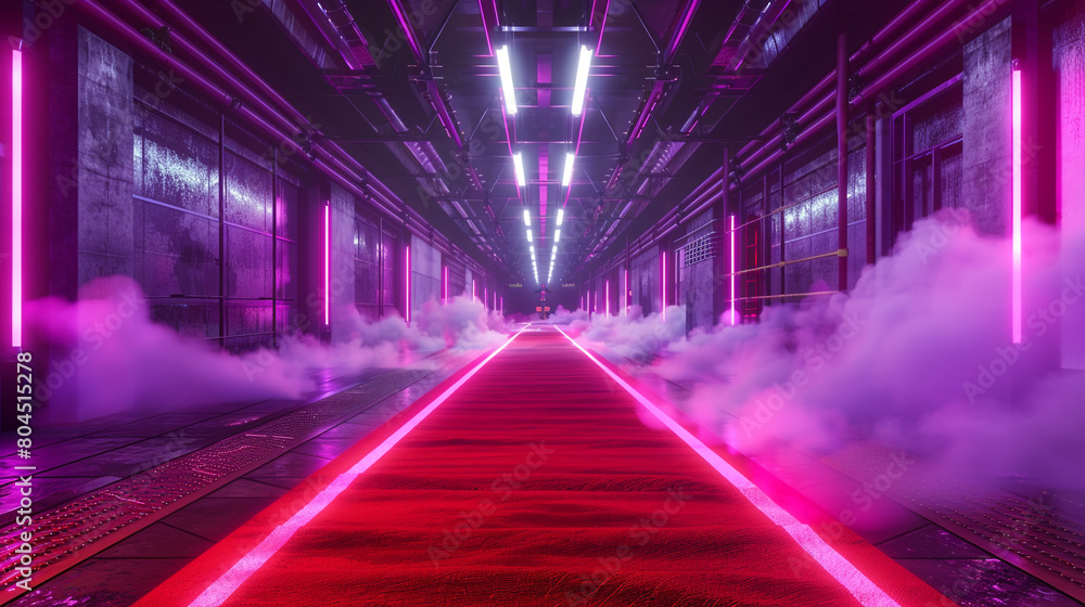 An opulent red carpet inside an empty train station, illuminated by royal purple neon lights An opulent red carpet inside an empty train station, illuminated by royal purple neon lights