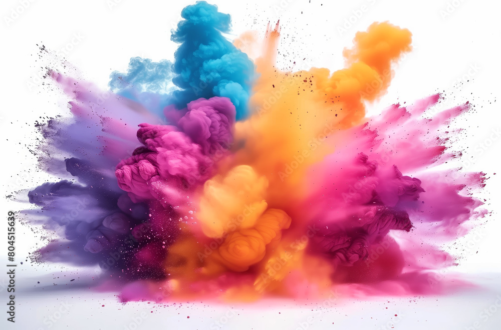 A dynamic burst of colorful powders in hues of blue, orange, pink, and purple creates a stunning visual effect, resembling a fiery explosion frozen in time. 