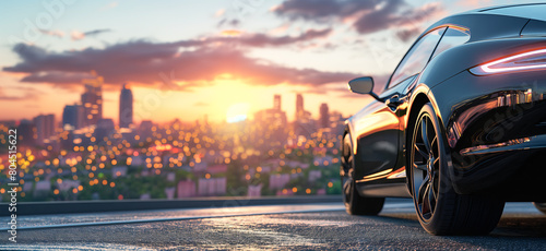 Black car with a sporty and modern design parked on the road against the backdrop of city skyscrapers at sunset. Business success concept.