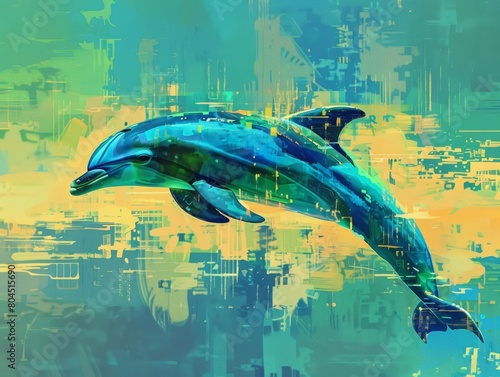 A futuristic dolphin in a vibrant cybernetic zoo with striking colors and technological elements. photo