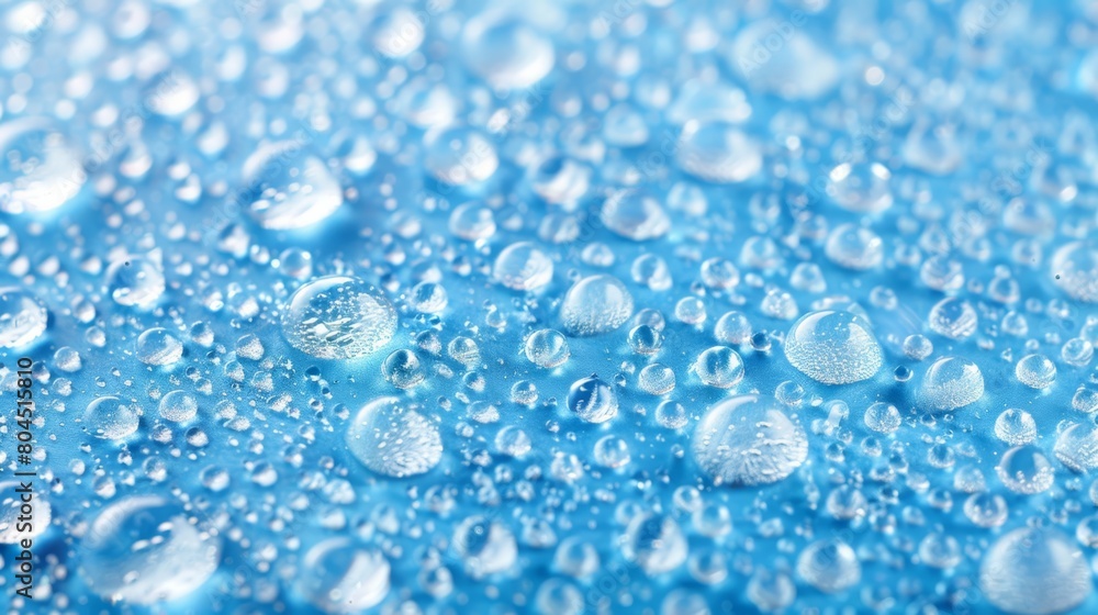A tight shot of water droplets on a blue surface against a light backdrop of blue Background features a tranquil, light blue sky A tight shot of water droplets on a blue surface against a light backdrop of blue Background features a tranquil, light blue sky