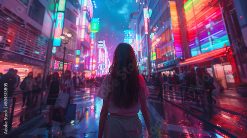 Rainbow hues dance in her wake as she traverses Harajuku.