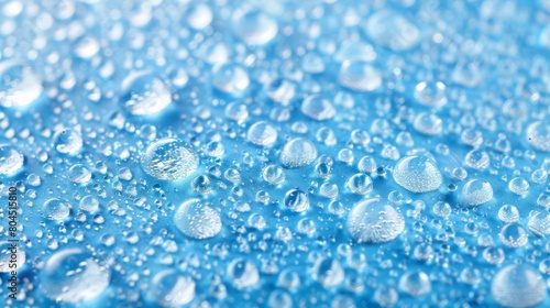 A tight shot of water droplets on a blue surface against a light backdrop of blue Background features a tranquil, light blue sky