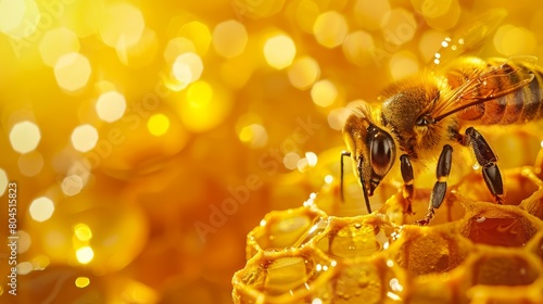 A tight shot of a bee on a honeycomb, adorned with water droplets at its base