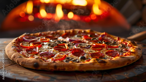 A classic New York-style pizza topped with gooey mozzarella cheese, pepperoni slices, mushrooms, onions, and bell peppers, fresh out of the brick oven.
