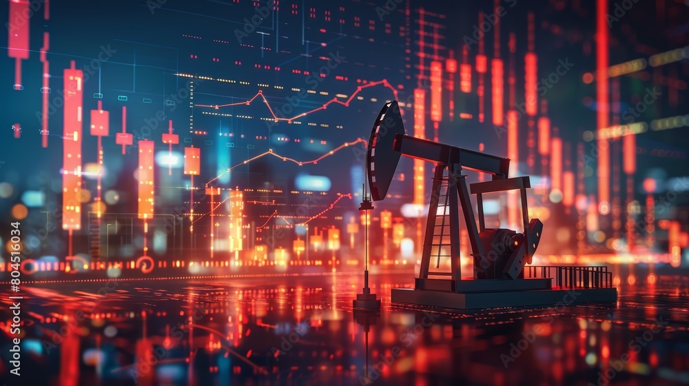   An oil pump atop a table, facing a cityscape bathed in red and blue lights