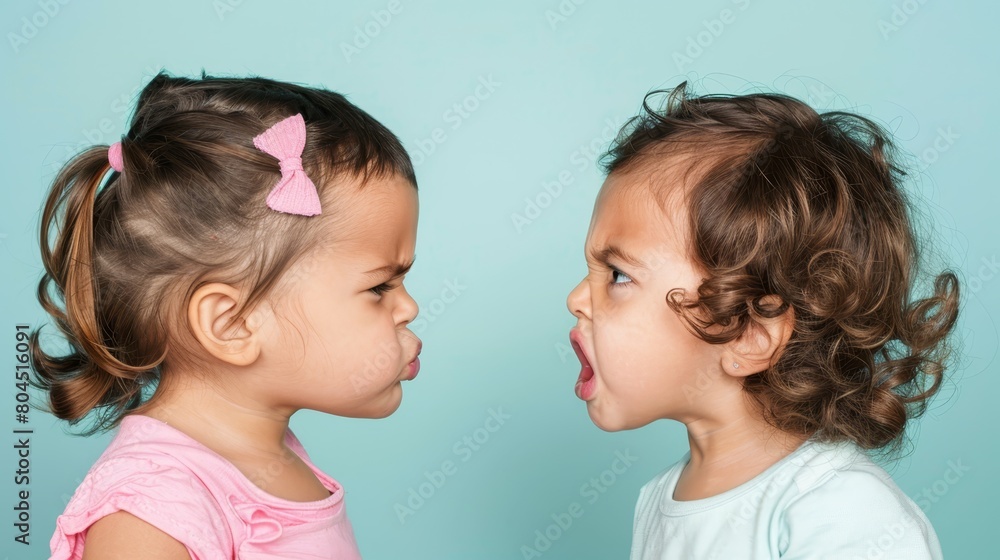 Two small girls pose beside a blue wall One wears a pink bow in her hair Two small girls pose beside a blue wall One wears a pink bow in her hair