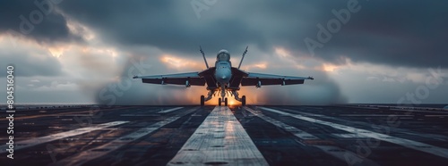 panoramic view wide poster of a generic military aircraft carrier ship with fighter jets take off photo