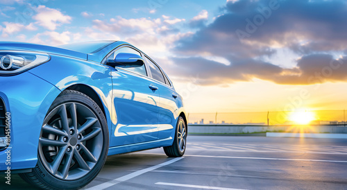 Blue car with a sporty and modern design parked on the road against the backdrop of city skyscrapers at sunset. Business success concept. Copy space