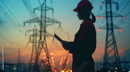   A woman in a hard hat holds a cell phone  facing power lines against a sunset backdrop