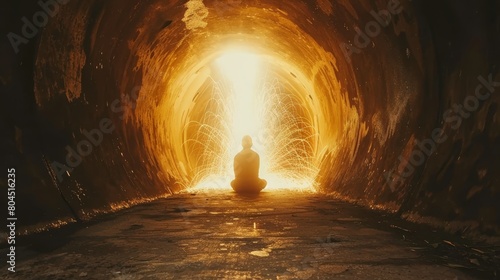  A person sits in a tunnel, light illuminating the end