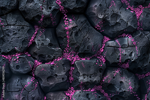 A close-up illustration of a charcoal-gray basalt wall, highlighted by neon pink barnacle patterns