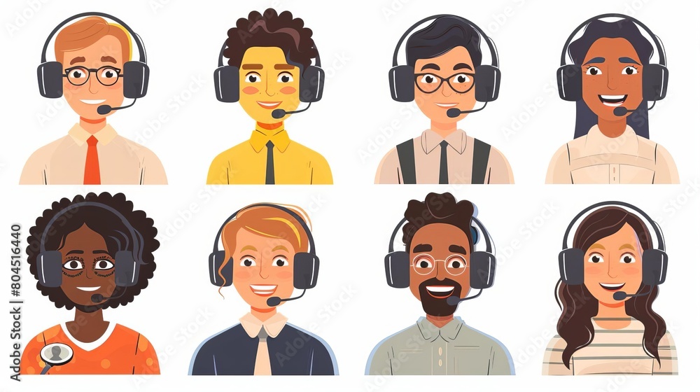 Call center, hotline flat vector illustrations Smiling office workers with headsets cartoon characters Customer support department staff, telemarketing agents Multiethnic, diverse team, Call center, hotline flat vector illustrations Smiling office workers with headsets cartoon characters Customer support department staff, telemarketing agents Multiethnic, diverse team,
