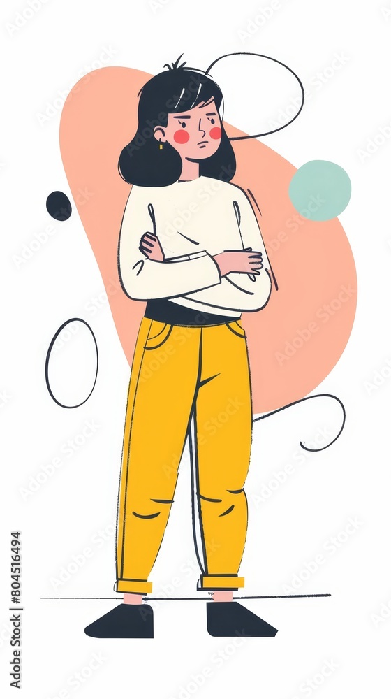 A woman, arms crossed, holds a thought bubble above her head A woman, arms crossed, holds a thought bubble above her head