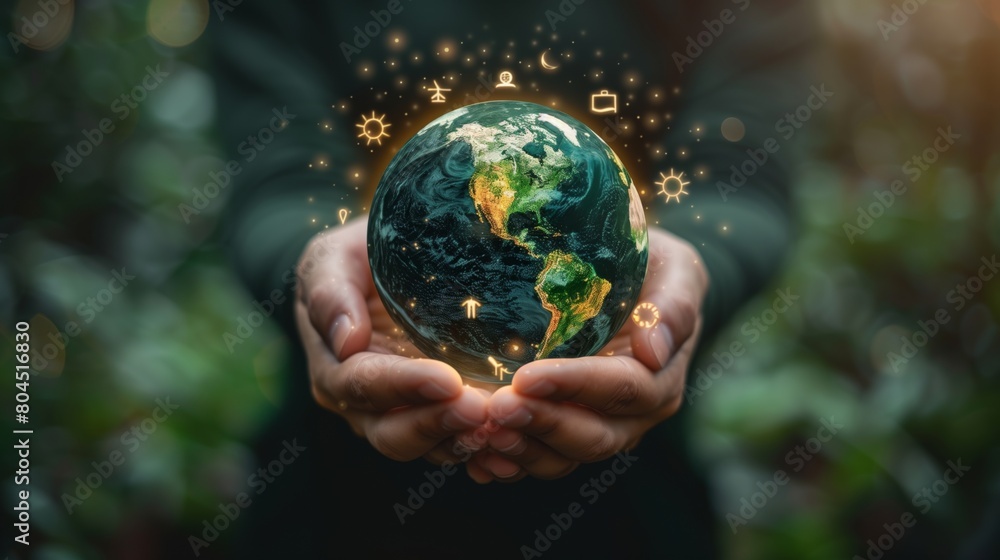 Person interacting with a 3D holographic globe focusing on sustainable energy Person interacting with a 3D holographic globe focusing on sustainable energy