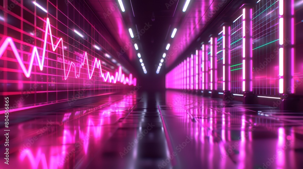   A long hallway with neon lights and a centered pattern on the wall is atop a black floor