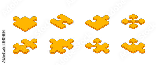 Isometric Yellow Jicsaw Icons, For Board game in Fun Mood, Flat Graphic Design Elements,Orange Puzzle with PNG (Editable)