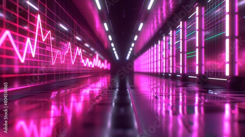  A long hallway with neon lights and a centered pattern on the wall is atop a black floor