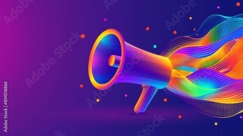  A vibrant megaphone against a purple and blue backdrop, surrounded by confetti and adorned with a trail of streamers