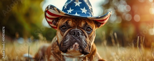 A cute French bulldog wearing an American flag cowboy hat is sitting in a field of grass. The dog is looking at the camera with a serious expression. photo