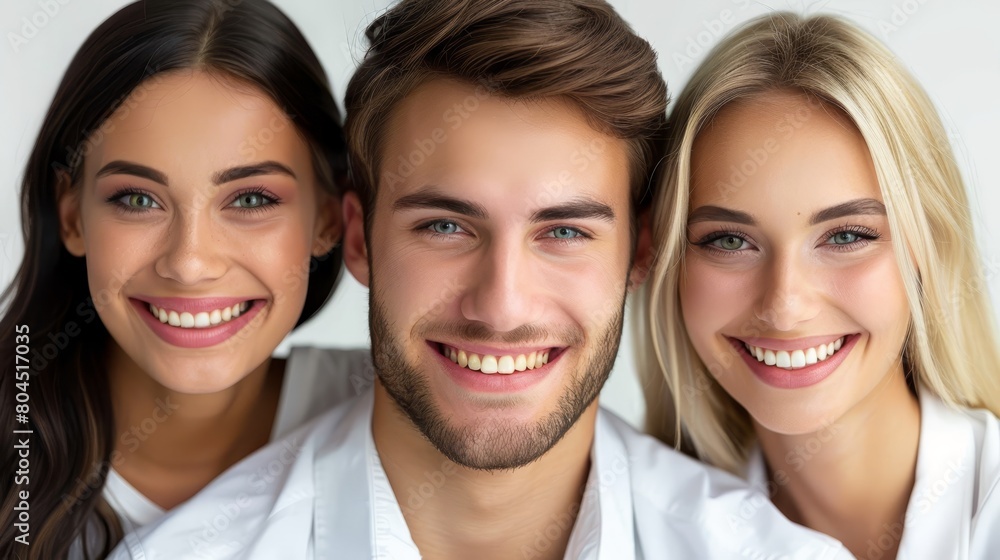 Three smiling people, facing the camera, each displaying a radiant grin Three smiling people, facing the camera, each displaying a radiant grin