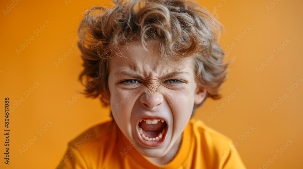 A tight shot of a child's furious face, eyes narrowed, and mouth agape A tight shot of a child's furious face, eyes narrowed, and mouth agape